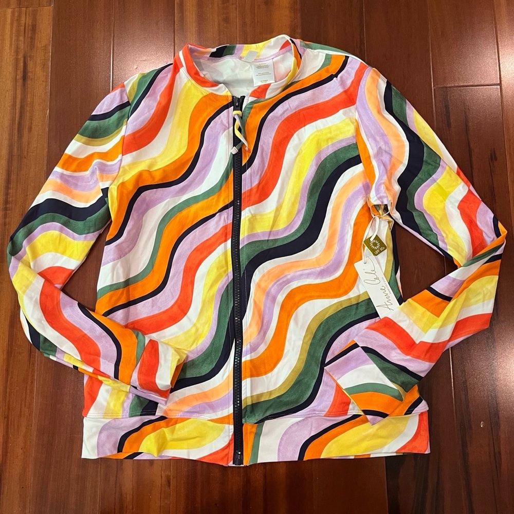 New NWT Anne Cole Multicolor Jacket Rashguard Swim Top Wavy Print Size Small‎